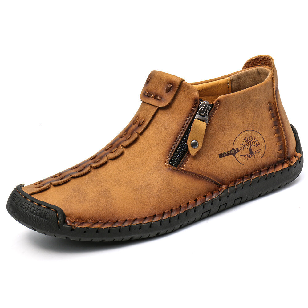 Hand-stitched leather boots men's shoes casual put on patent leather boots zipper retro leather ankle boots
