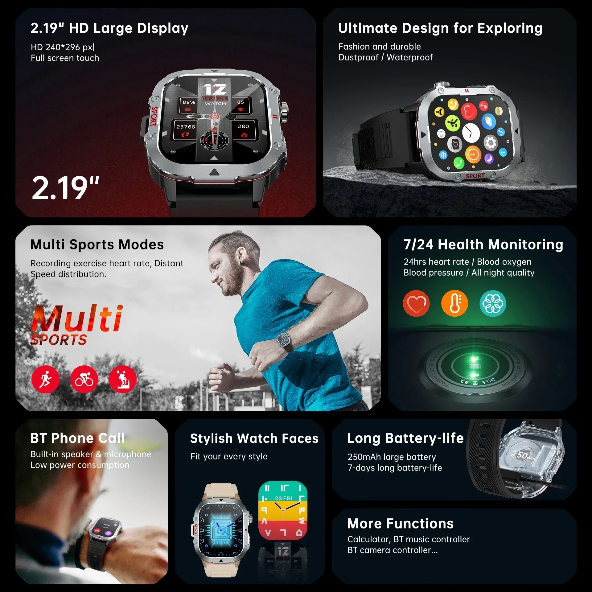 New Smart Watch Men Waterproof Outdoor Sports Fitness Tracker Health Monitor 2.19" BT Call Smartwatch