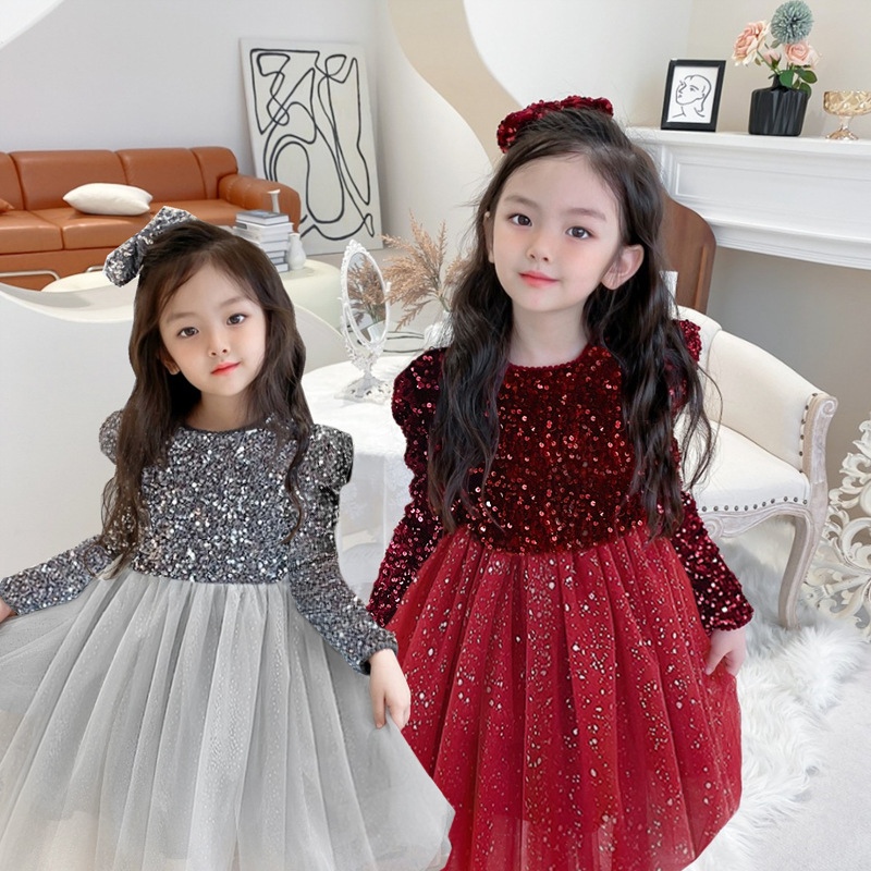 Girls Princess Party Dresses for 3-8 Yrs Kids Birthday Wedding Evening Prom Gown Spring Fall Long Sleeve Children's Dress