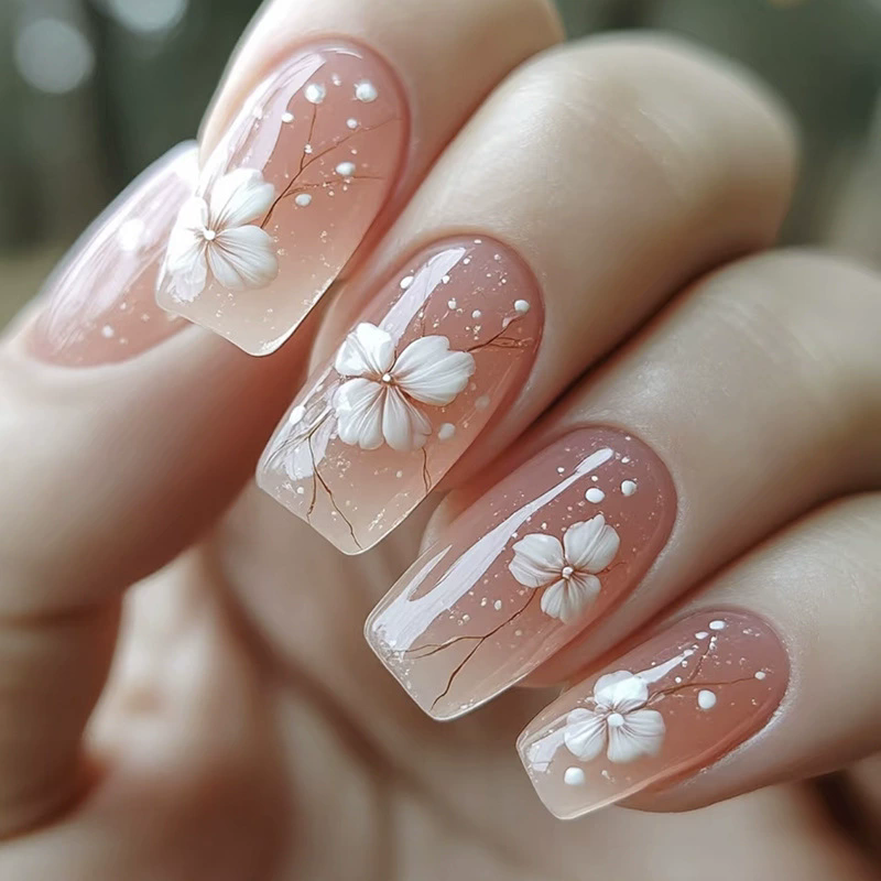 24pcs/box Fake Nails With Jelly Glue Detachable Middle Long Ballerina False Nails Flash Powder Design Wearable Full Cover Nail