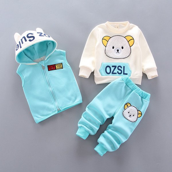 Baby boy clothes autumn and winter pure cotton thick warm casual hooded sweater cartoon cute bear three-piece baby girl suit
