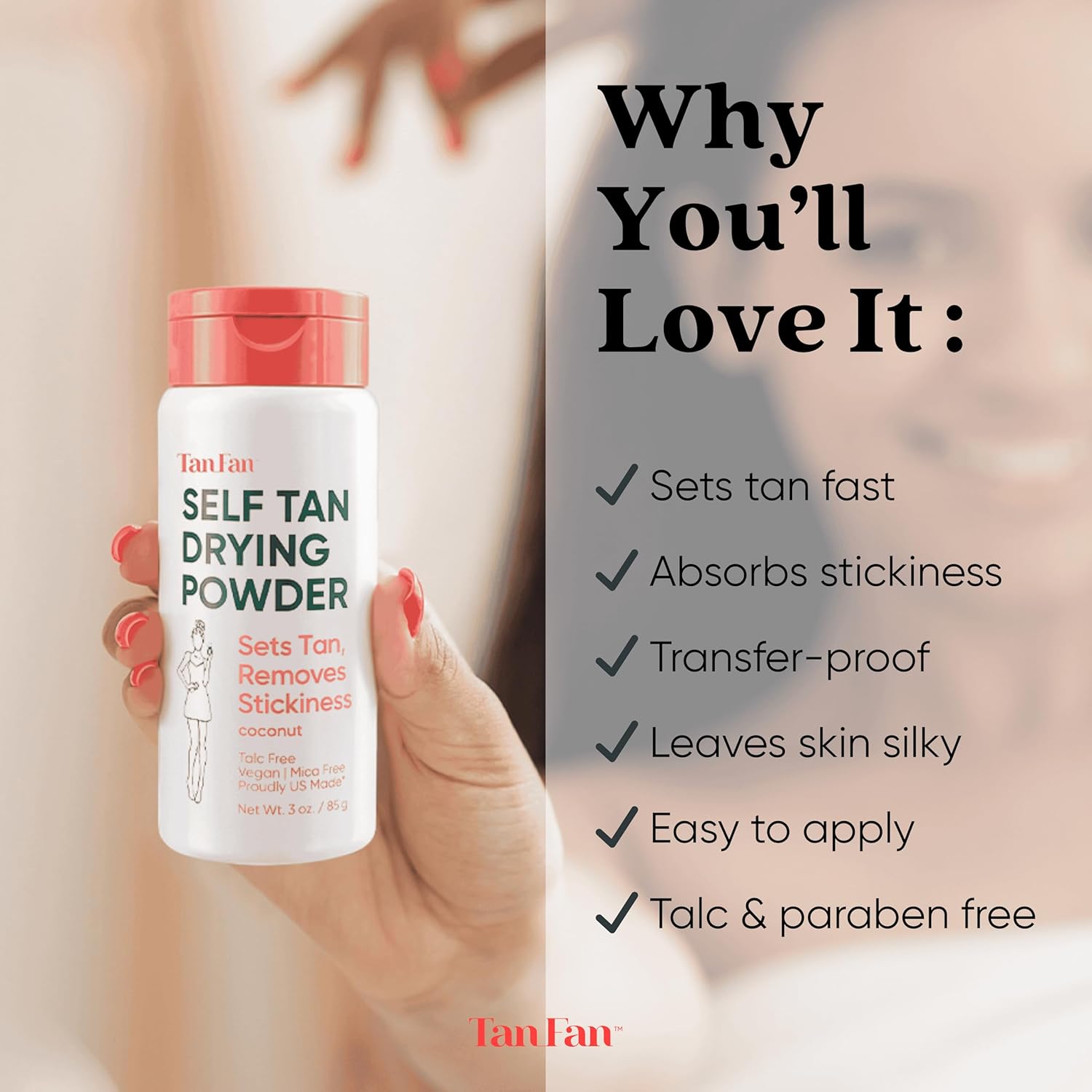 Tan Fan Self Tan Drying Powder Kit - Eliminates Sticky Tanner Feel For After Tanning - 100% Vegan Talc-Free Natural Lightweight For Soft Dry Skin - Ec