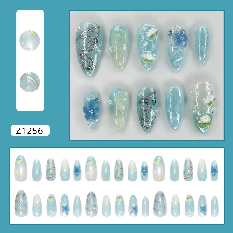 24Pcs Blue Gradient Fake Nails Mid-length Almond Reusable Press on False Nails 3D Flower Silver Butterfly Full Cover Nails Tips