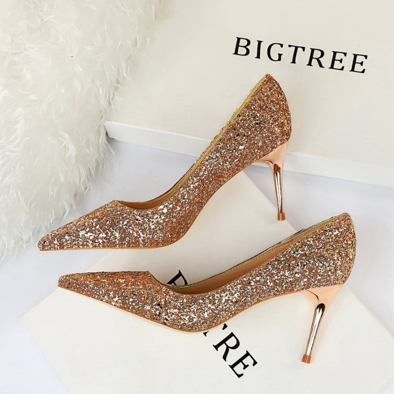 9219-A1 European and American Style Sexy Nightclub Slim High Heels Women's Shoes Thin Heels High Heels Fashion Shining Sequin Si