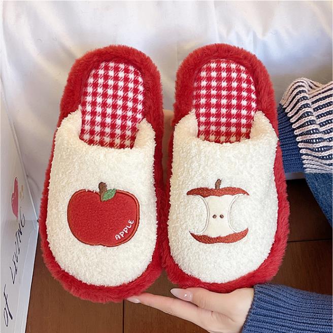 1 Pair Cute Red Apple Cotton Slippers for Women Winter Comfortable Home Use Anti-Slip Warm Maternity Slippers New Furry Slippers