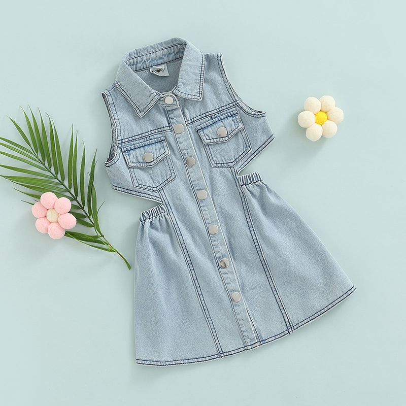 1-6Y Kids Girls Denim Dress Baby Summer Clothing Sleeveless Lapel Button-down Cut Out A-line Dress Children Casual Dresses