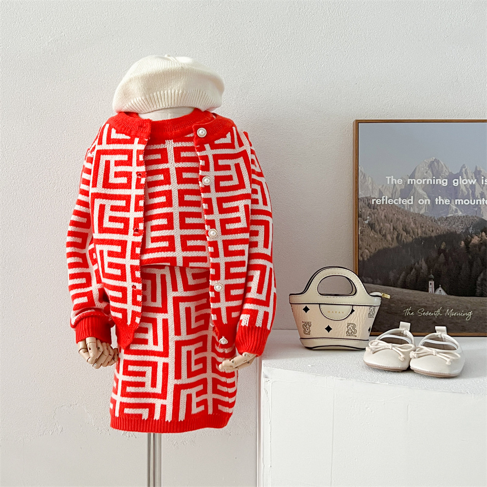 2024 New Retro Jacquard Color Block Long sleeved Knitted Shirt+Round Neck Vest+Knitted Skirt Three Piece Set