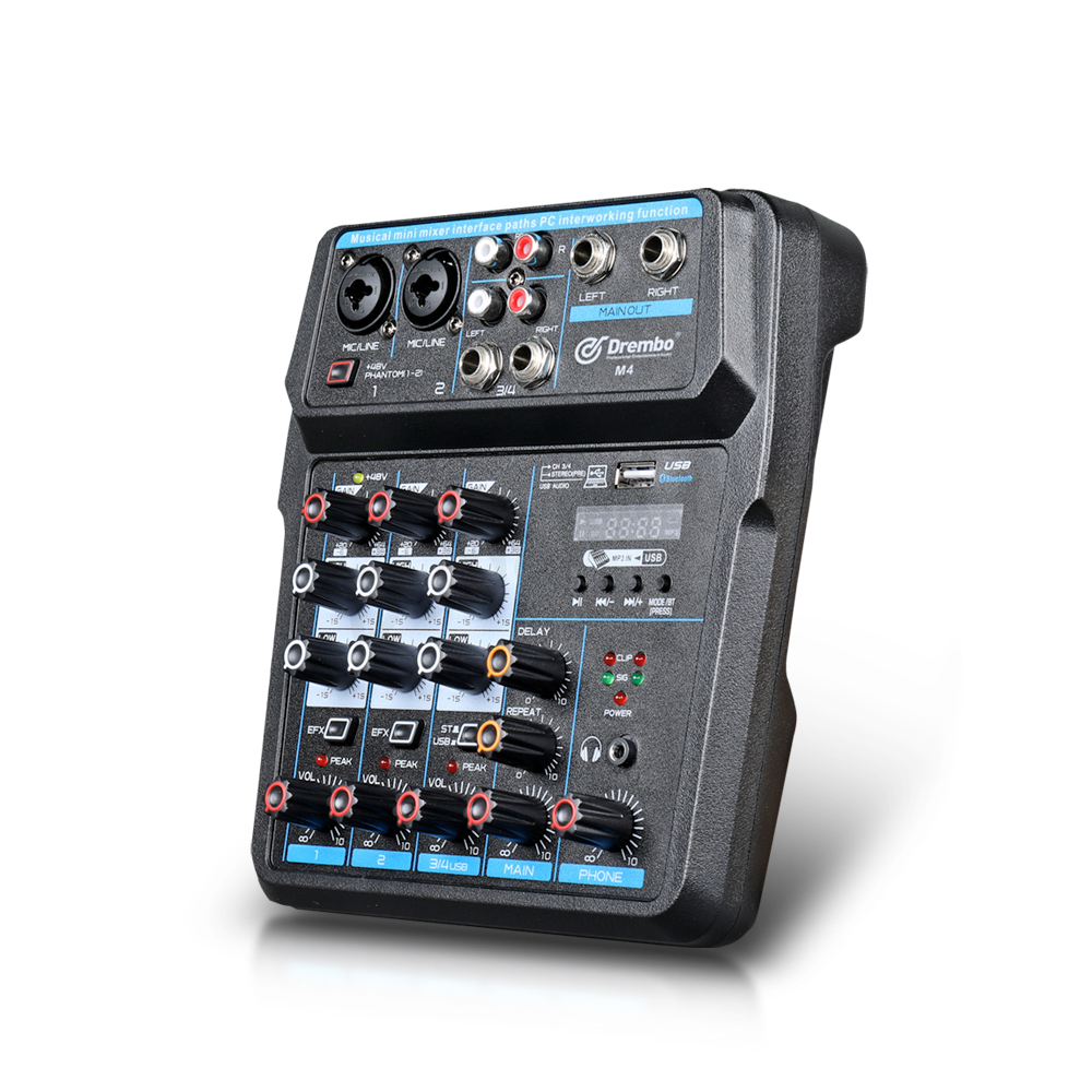 Drembo M-4/6 Protable Mini Mixer Audio DJ Console with Sound Card, USB,48V Phantom Power for PC Recording Singing Webcast Party