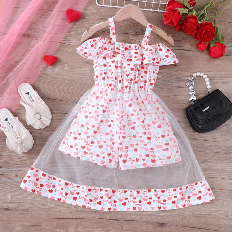 Children's clothing 2024 new product girls summer sweet love jumpsuit patchwork mesh skirt K322-C