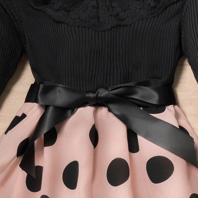 New Children'S Clothing Children'S Lace Lapel Splicing Polka Dot Long-Sleeved Princess Dress Autumn Girls' Dress