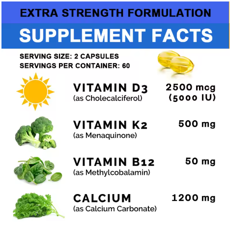 Balincer Vitamin D3+K2+B12 2000mg Capsules for Bone, Immune and Calcium Support, 120 Capsules Non-GMO