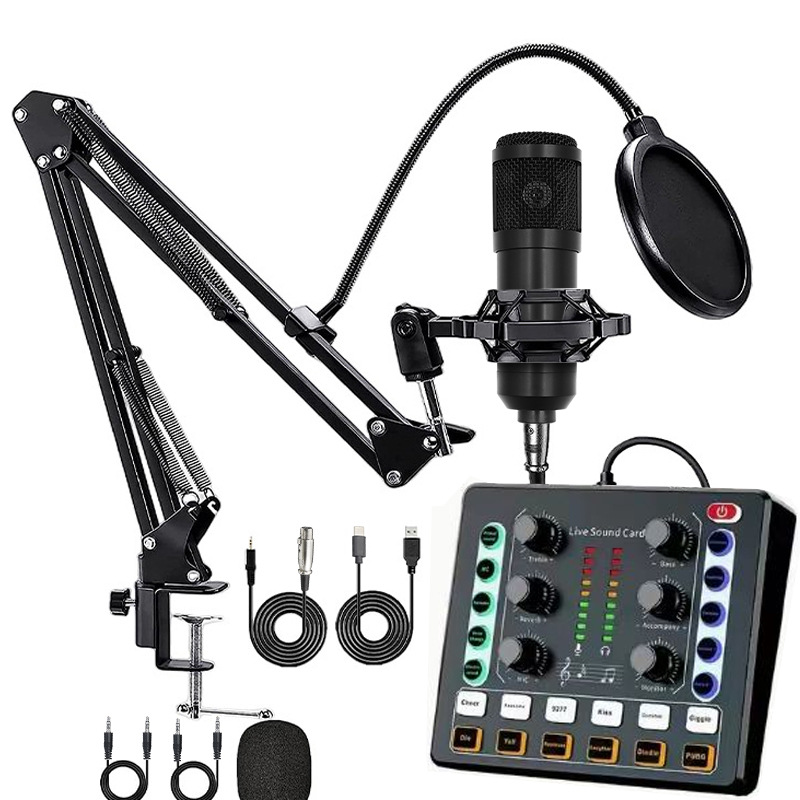 New BM800 Condenser Microphone V8S Sound Card Anchor Computer Recording Stand Full Set for Live Streaming in English