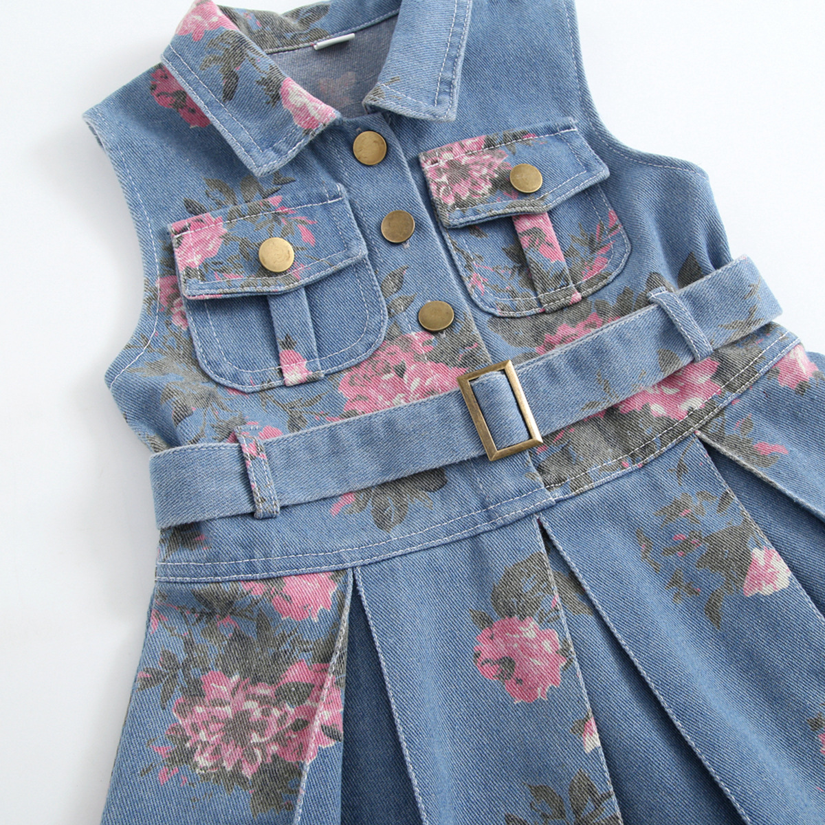 Girls' sleeveless denim dress summer flower print denim skirt cinched waist lapel thin sundress