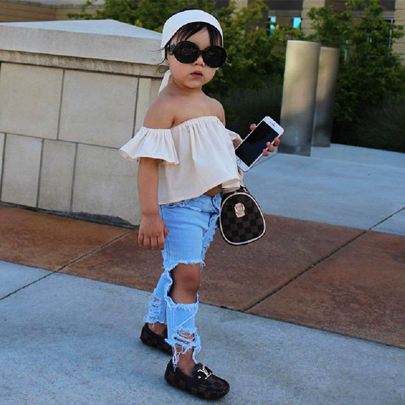Toddler Girls Kids Off Shoulder Tops Denim Pants Jeans 3pcs Outfits Set Clothes