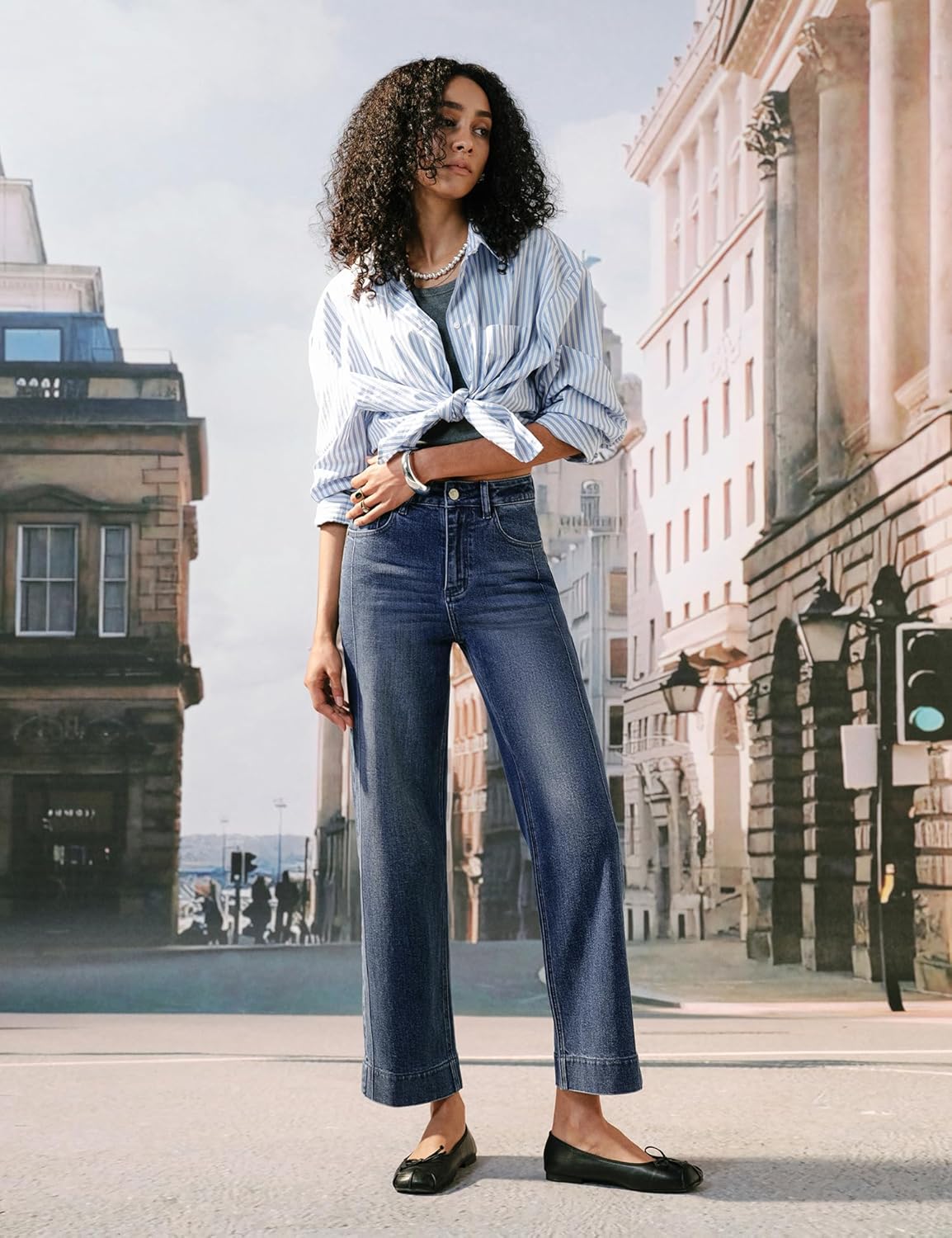 Women’s Straight Leg Jeans High Waisted Cropped Trendy Jeans Wide Leg Zipper Denim Pants