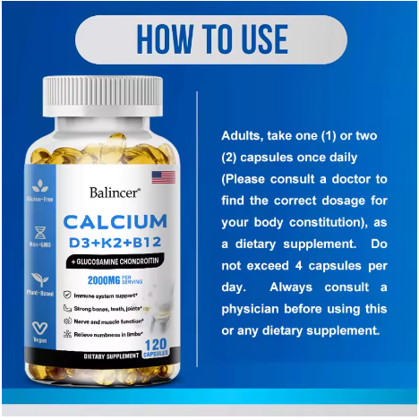 Balincer Vitamin D3+K2+B12 2000mg Capsules for Bone, Immune and Calcium Support, 120 Capsules Non-GMO