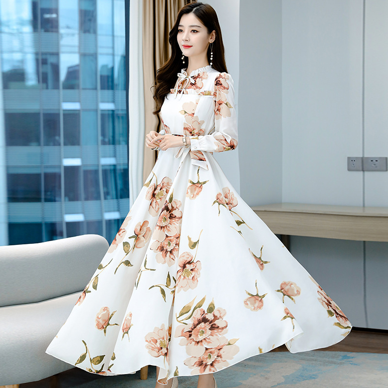 Women's Autumn New Elegant Long Swing Printed Fairy Long Sleeve Dress Retro Large