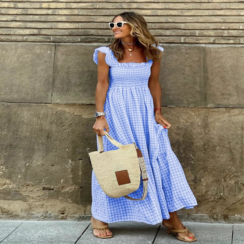 Cross border summer women's patchwork plaid suspender elastic large swing dress