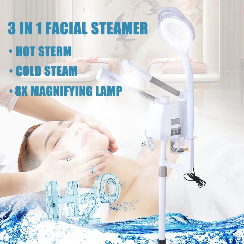 3 in 1 Ozone Nano Ionic Facial Steamer Upgrade Hot Cold Steam Vaporizer Humidifier with 8X LED Magnifying Lamp Beauty Salon Spa