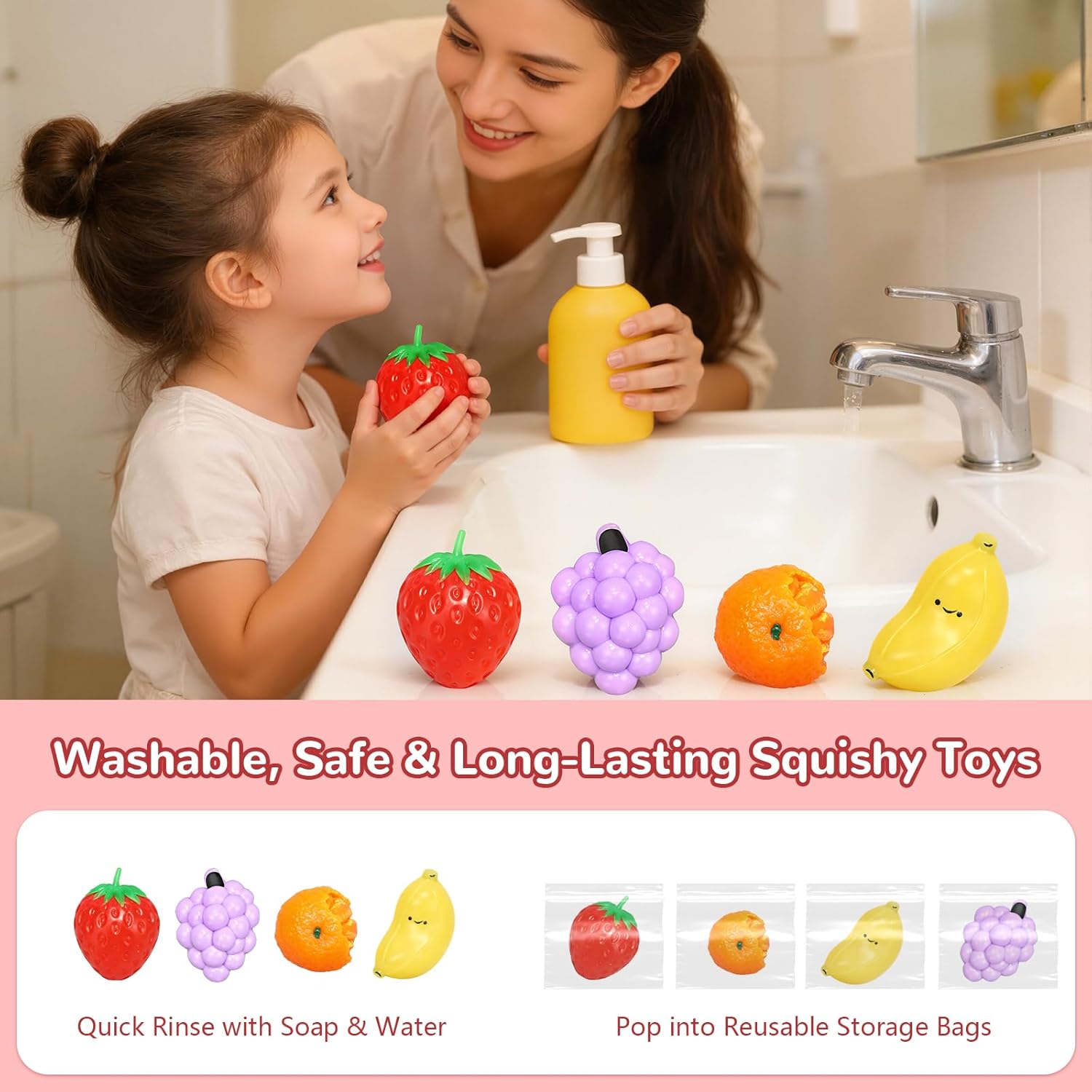 4Pcs Fruit Squishies Squeeze Toys Set, Sunny Day, Food Squishies with Strawberry Banana Orange Squishy, Fidget Toys, Washable Safe Soft Stress Relief