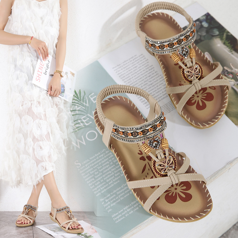 Women's Boho Style Flat Sandals RhinestoneButterfy Rivet Decor Elastic Strap Shoes CasuaSlip On Sandals