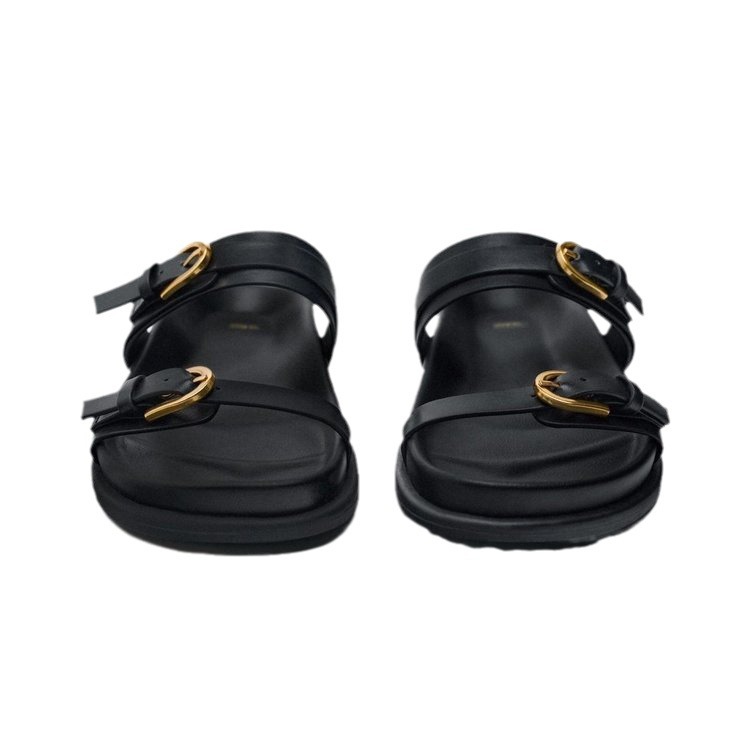 2025 Brown Metal Buckle Flat SlipperWomen Round Head Open Toe Flatfrom Slppers