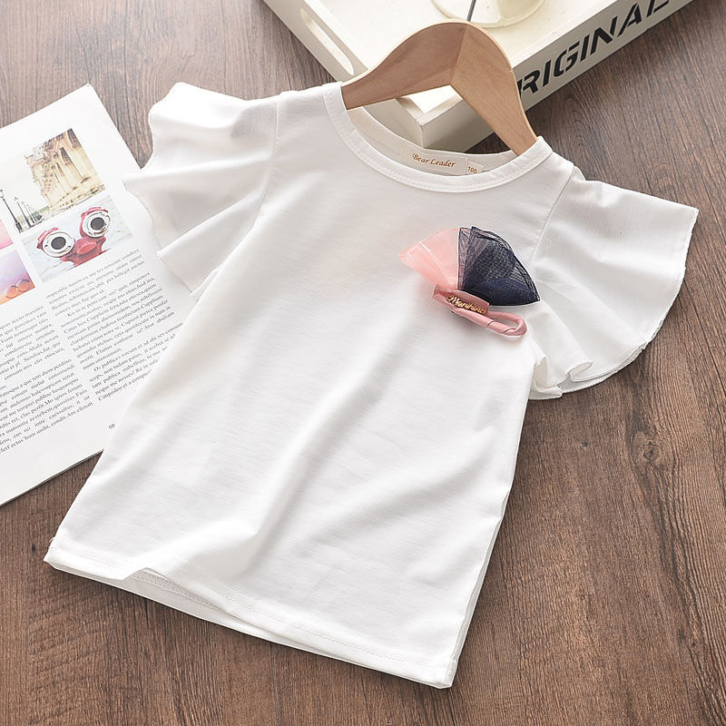 Girl Clothes Suits Simple Big Flower Flying Sleeve Solid Color Top T-shirt + Geometric Flower Print Pants Kid Sets