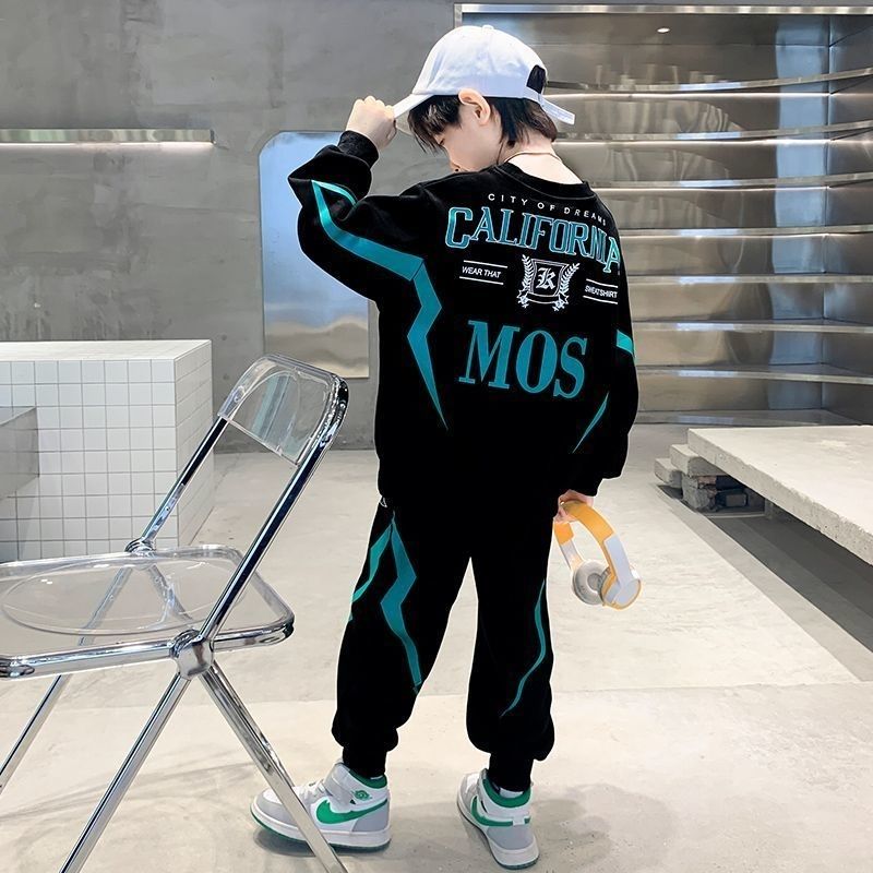 Boys Spring and Autumn Splicing Contrast Color Cotton Long Sleeve T-Shirt Sweater + Elastic Loose Comfortable Pants Casual Sport