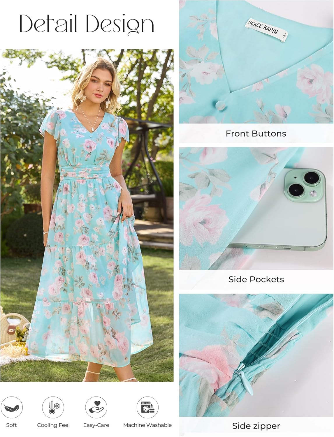 GRACE KARIN 2026 Women Summer Dress,Maxi Short Sleeve Floral Dresses,Semi Formal Flowy Wedding Guest Dress with Pocket