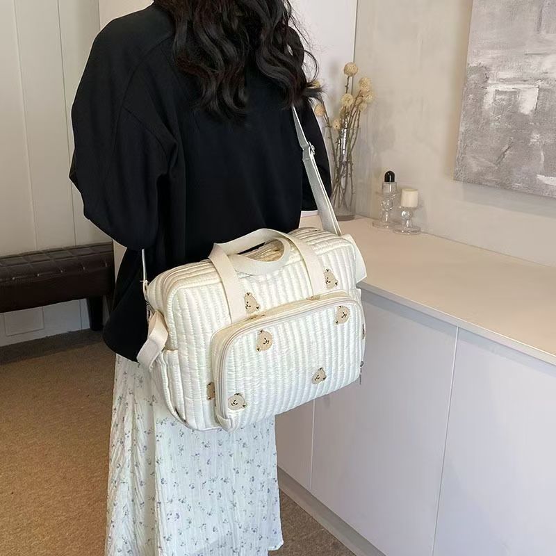 1pcs Cute Bear Flower Embroidery Pattern Baby Beige Cotton Fabric Zipper Diaper Handbag New Luggage Bag