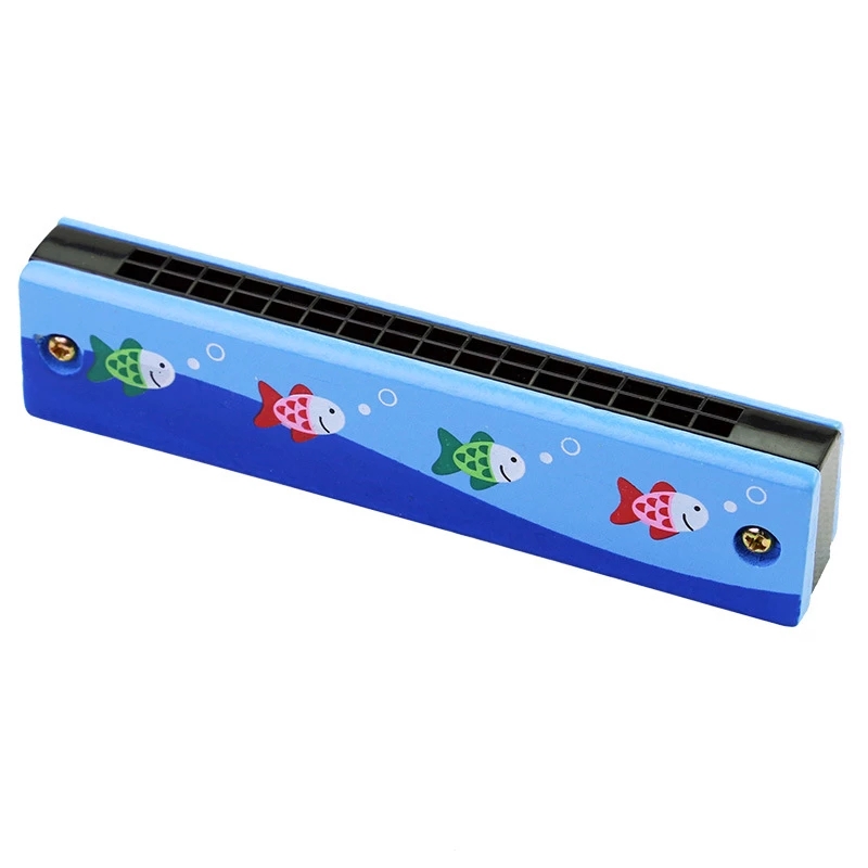 16 Holes Children Harmonica Wooden Double Row Blowable Harmonica Cute Cartoon Pattern Beginner Kids Musical Educational Toys
