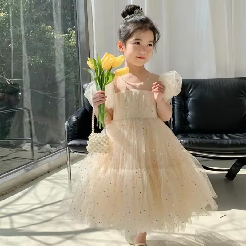 1pcSummer Kids Girls' Dress Baby Temperament Princess Dress Cute Sweet Children's Dress Westernized Dreamy Yarn Dress