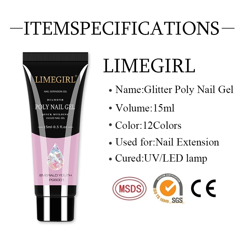 Limegirl Poly Nail Gel For Nails Extension Finger Nail Art Manicure Acryl Gel Varnish Polygels 15ML Poly UV Gel Polish Extension
