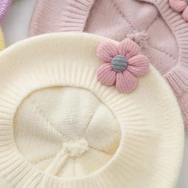 Baby Beret Hat Winter Warm Knitted Beanie Cap for Infant Girls Korean Toddler Princess Artist Solid Color Painter Caps