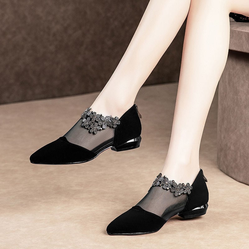 New Summer Fashion Black Lace Rhinestone Sandals Flower Heel Sandals Mesh Plus Size