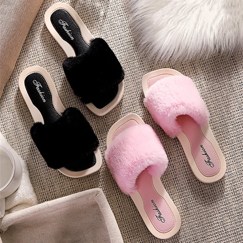 new style plush slippers winter women's home warm cotton slippers fashion outer wear one-word plush slippers