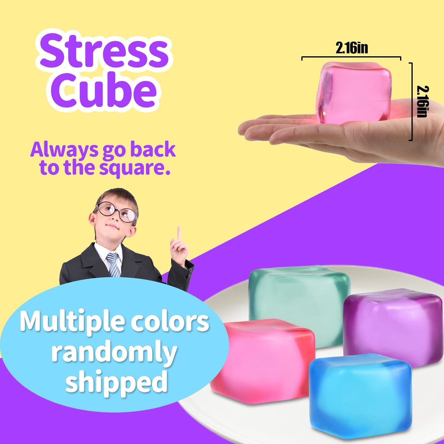 MEIEST 4 Colorful Stress Cube - Sensory Fidget Squeeze Toy with Super Solid Squish-Slow Rising Ice Cube Stress Balls-Stress Relief Hand Toy-2.16" Cube
