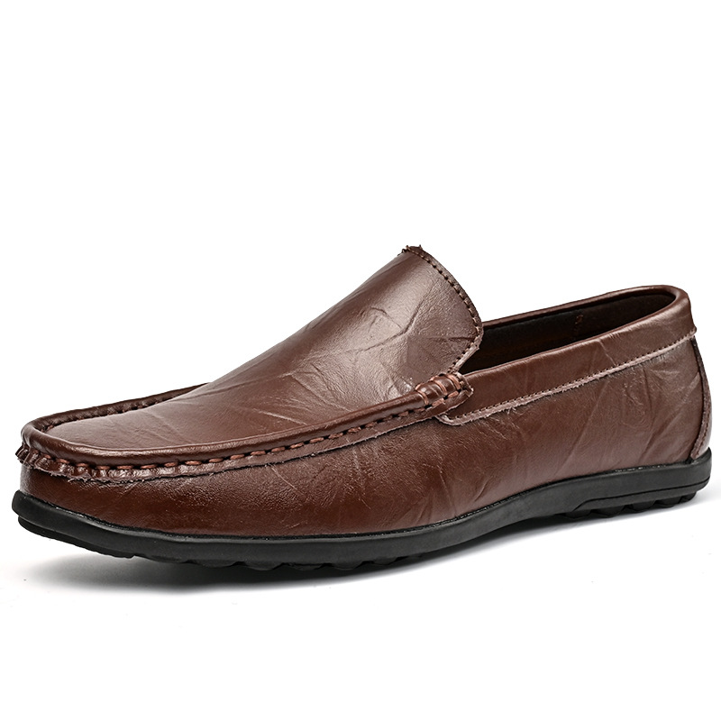 Large men's flat bottomed casual bean shoes, breathable genuine leather, lightweight and non slip