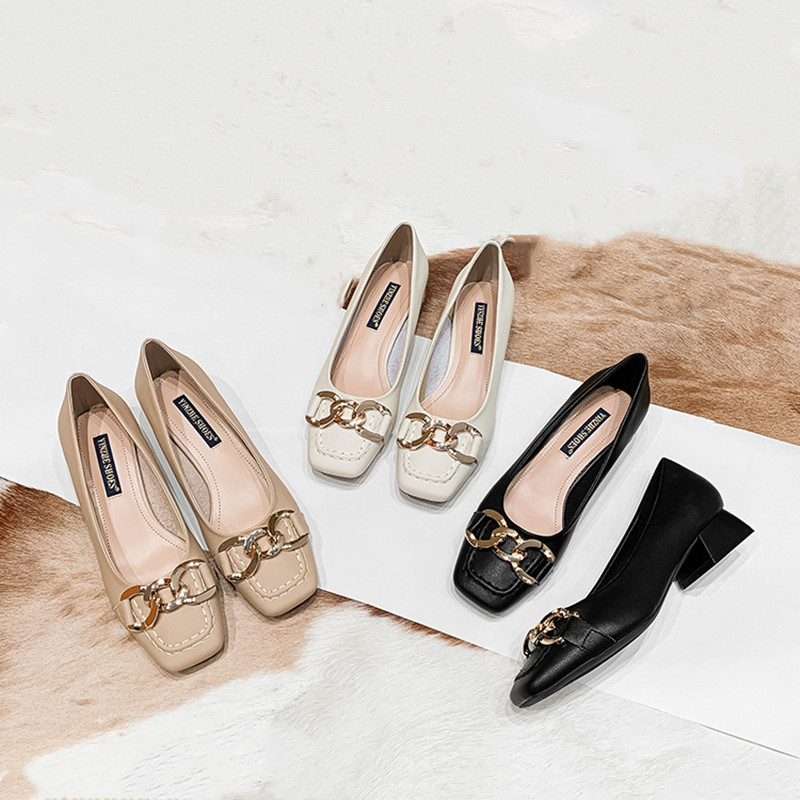 Single shoes women's leather noodles 2023 new all-match square head shallow mouth women's shoes soft sole old shoes