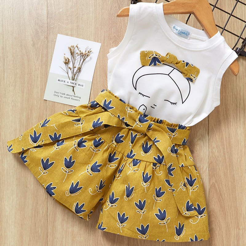 2Pcs Summer Clothes Bow Girls Clothing Sets Cartoon Print T-shirt+Short for Kids Clothes 3-7Y Sleeveless