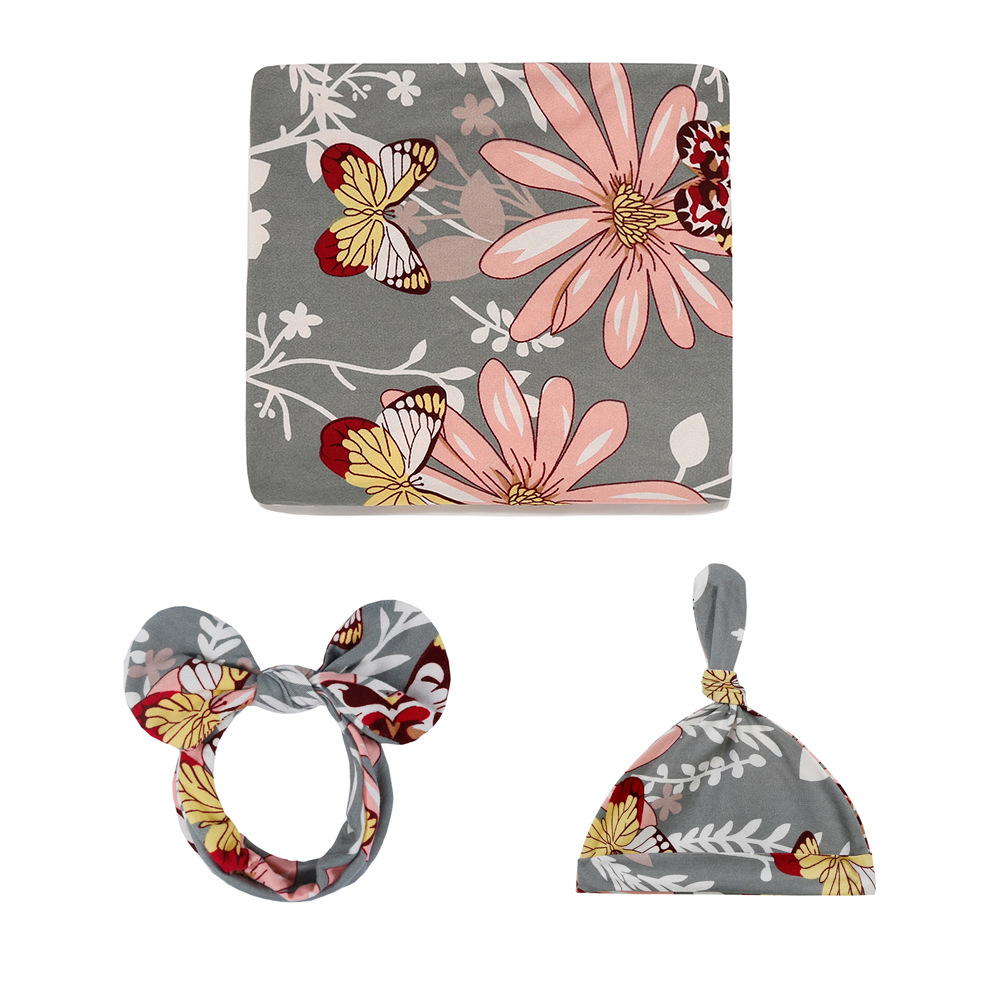 Newborn Printed Wrap Scarf Tire Cap and Headband Three-Piece Set