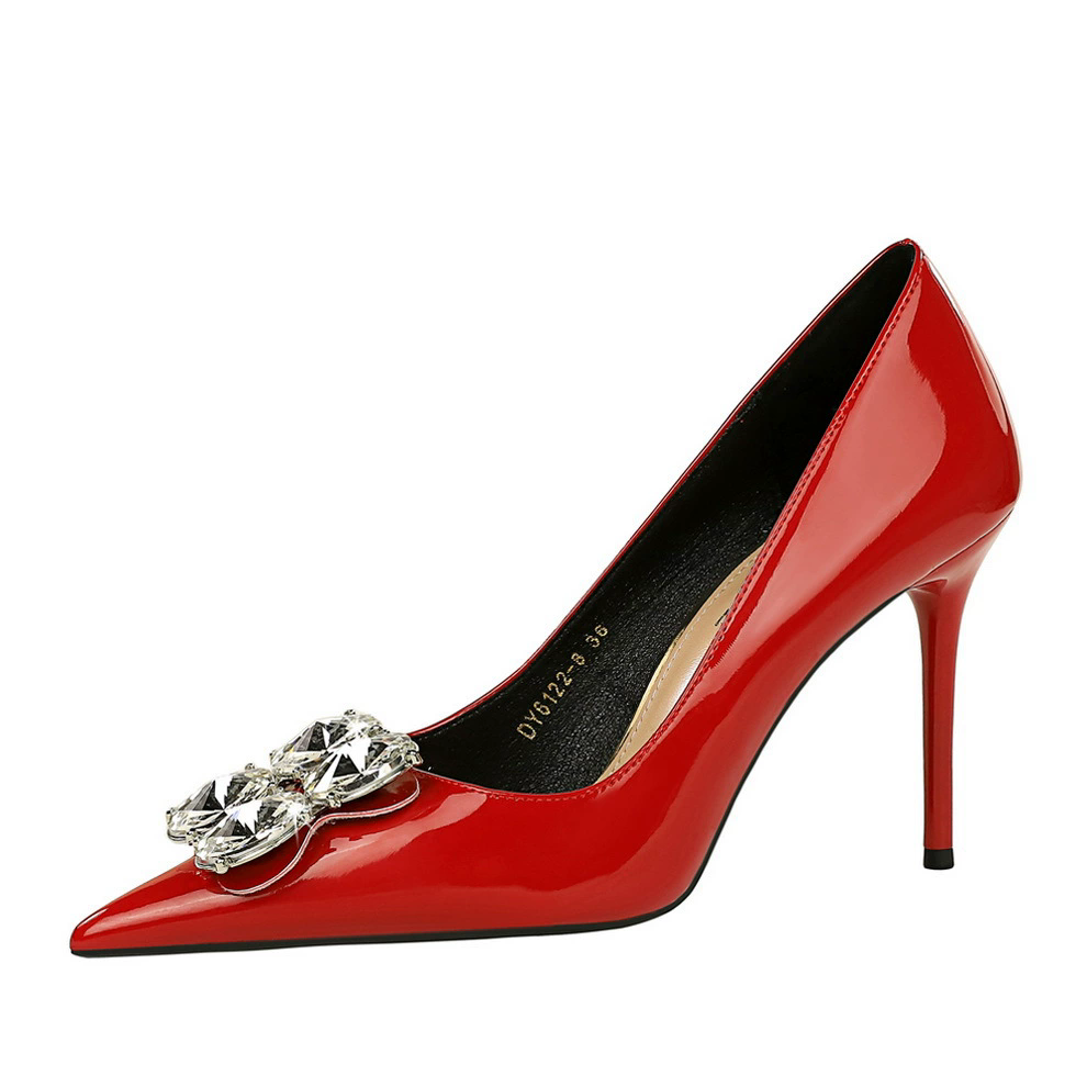 European and American women's slim heeled super high heels patent leather shallow mouth pointed rhinestone buckle single shoes