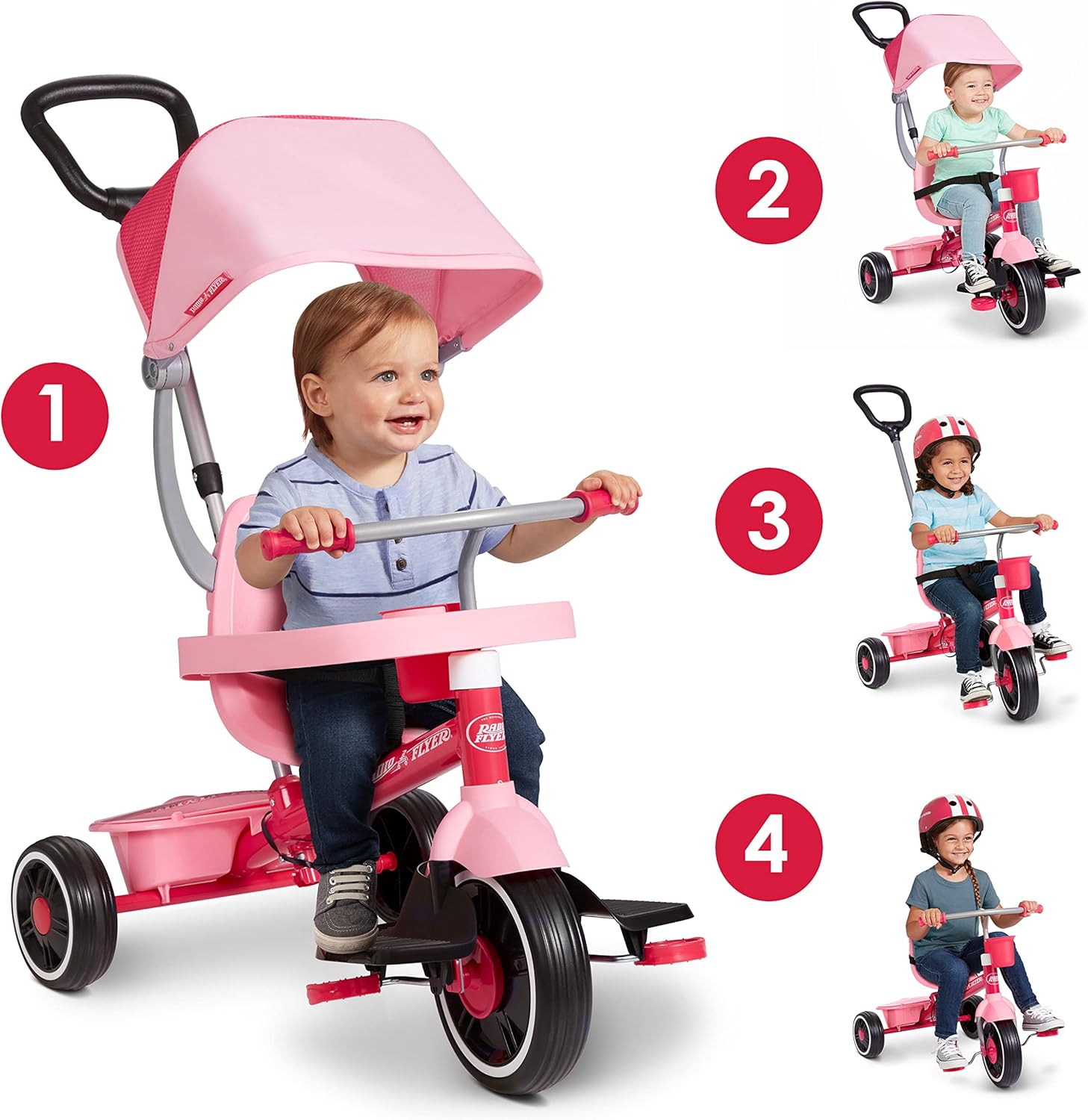 Radio Flyer 4-in-1 Stroll 'N Trike, Ages 1-5, Toddler Tricycle & Stroller, Foam Tires, Push Handle, UV Canopy, Removable Tray, Seatbelt, Amazon Exclus