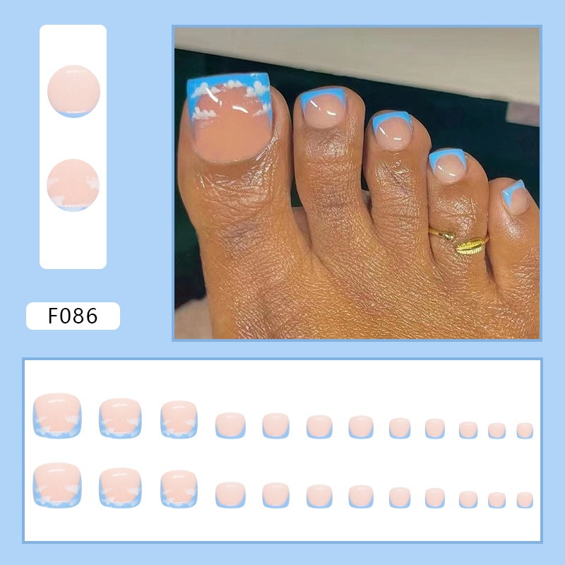White French Nude Pink Short Fake Toenails Shiny Rhinestone Summer Flower Toe False Nails Detachable Press on Toenails with Glue