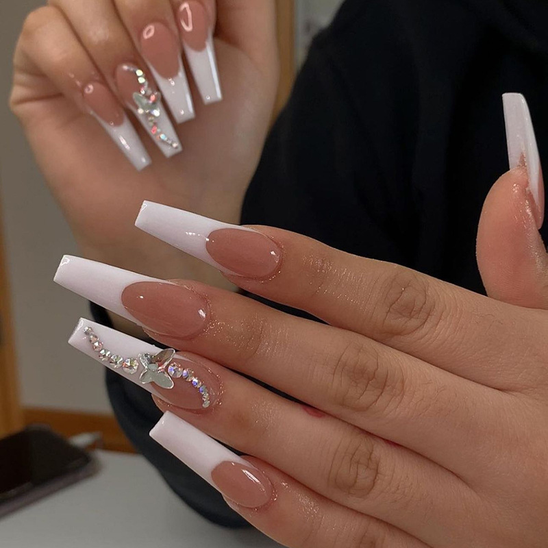 24Pcs Long Coffin False Nails Glitter Line Designs Fake Nails Artificial Full Cover Nail Art Tips Press on Nails Manicure Tool