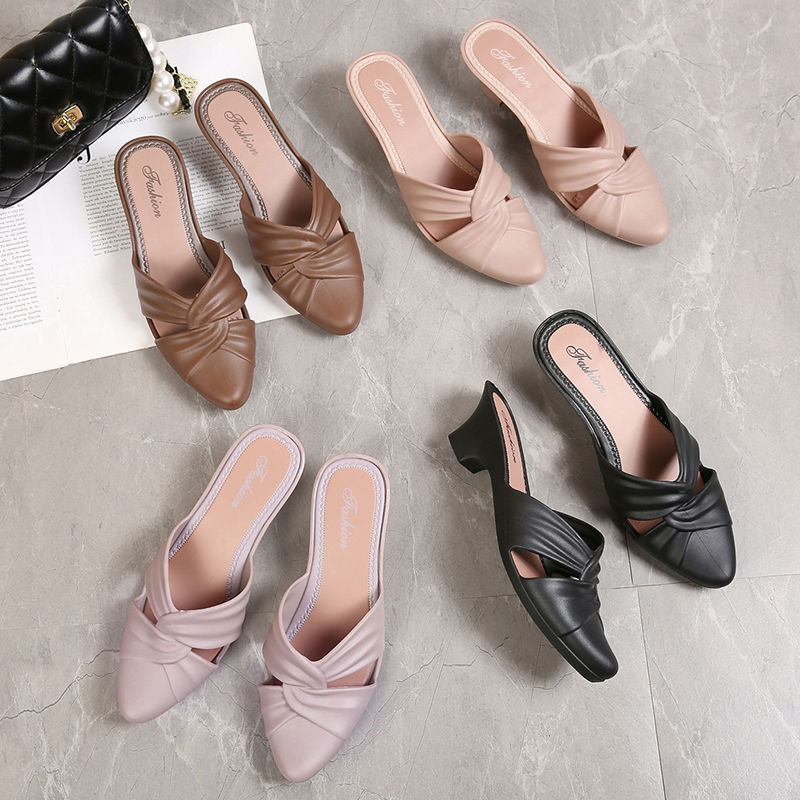 New Summer Elegant Women Fashion Pointed Toe Half Slippers Woman Comfortable Mid Heel Casual Sandals Lady Office Shoes