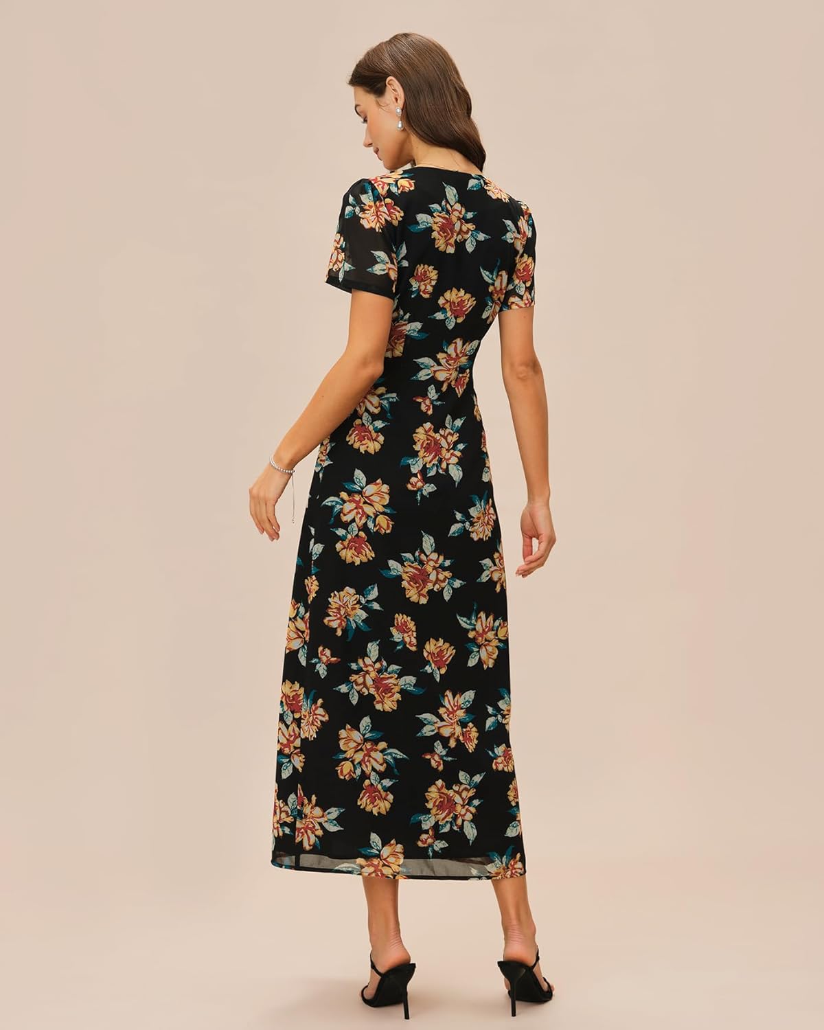 RIHOAS Women's Boho V Neck Floral Maxi Dress - Elegant Flowy Short Sleeve | Summer Beach Wedding Guest Formal Vestido Black