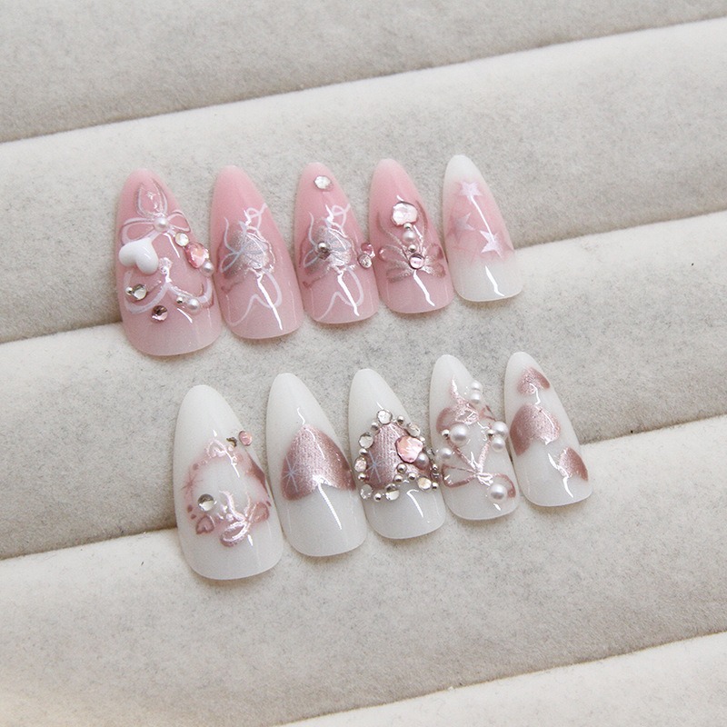 24Pcs Sweet Short Almond French False Nails with Glue 3D Wave Nail Pattern Floral Pink Blush Press on Acrylic Nail Manicure Tips