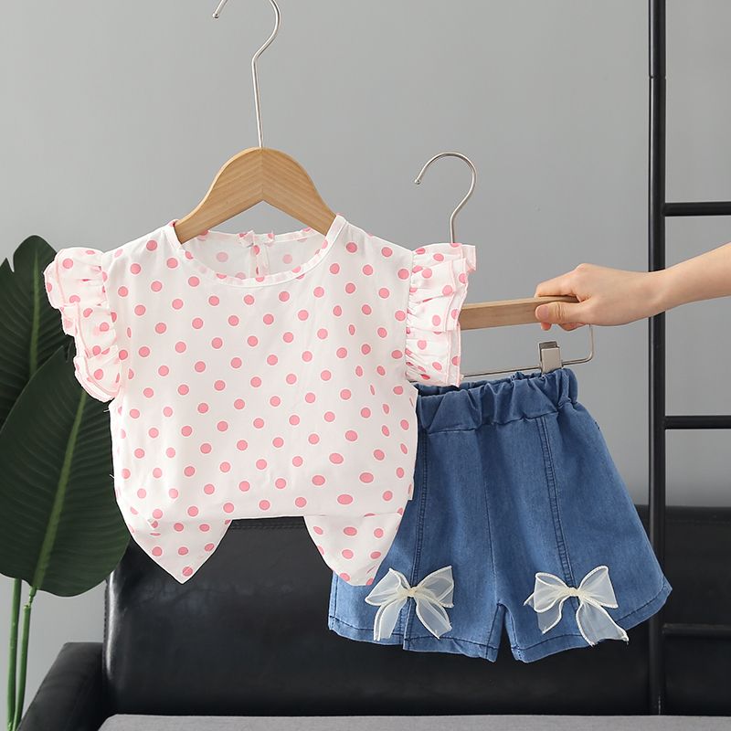 Toddler Kids Baby Girls Long Sleeve Ruffle Dots Tops+Pearl Button Celebrities Skirt Set Outfits Clothes 2PCS