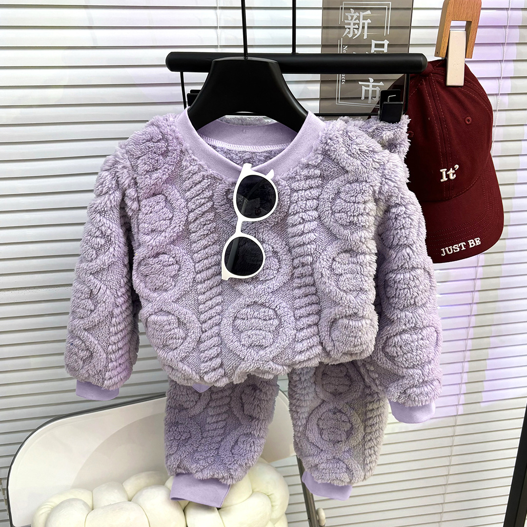 1pc Children's Autumn/Winter French Pajama Set Korean Edition Boys' Velvet Thick Home Clothes Girls' Warm Underwear Set